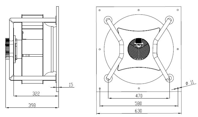 EC無蝸殼離心風(fēng)機500mm外形尺寸圖